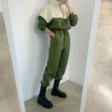 소도홈 / 기모 카라 배색 허리스트링 점프슈트