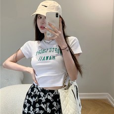 블랙 레터링 프린트 반팔 여성 티셔츠 여름 숏 슬림핏 상의 이너
