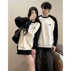 1+1 커플 맨투맨 티셔츠 캐주얼 상의 레깅스 루즈핏 남녀 긴팔티 커플룩 배색 라운드 맨투맨 2P ZZL