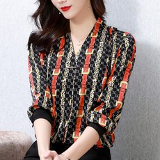 베이비윙 상의긴팔 봄옷 클래식 플라워 프린트 초산 새틴 와이드 루즈핏 스탠딩카라 풀오버 여성 8398