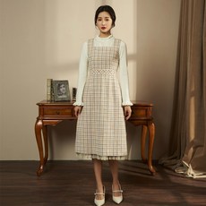 고집함 겨울 가을 클래식 스퀘어넥 슬리브리스 체크 패치워크 망사나시