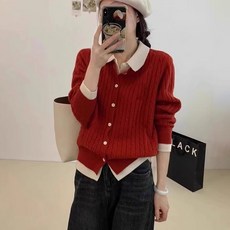 ROYALBELLE 여성 페이크 레이어드 니트 가디건 배색 카라넥 루즈핏 스웨터 Y091804