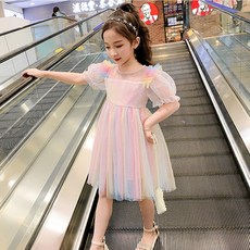 앙앙 아동 반팔 라운드 공주 레이스 캐주얼 여름 무지개 원피스 C12BJ
