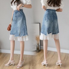 ANYOU 여성 캐주얼 패션 스판 데님스커트 A라인 하이웨스트 스커트