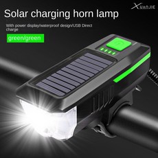프론트 MTB 램프 태양광 손전등 충전식 디스플레이 도로 자전거 라이트 산악 포함 전원 USB 경적, green, 1개