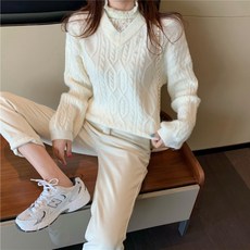 레이스 두 벌의 가짜를 결합함 니트셔츠 스웨터 여성 겨울 가을 와이드 목폴라 핏아우터 부드러운 탑코트