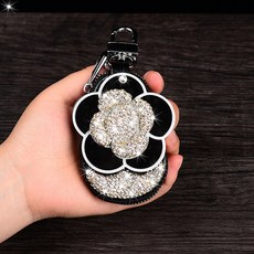 B03196 가죽 자동차키 케이스 큐빅 팬던트 열쇠고리 가방키링 키체인 여친선물, 동백 블랙