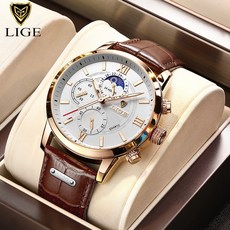 2021 LIGE 시계 남성 브랜드 시계 캐주얼 Leathe 24 시간 달 단계 남자 시계 스포츠 방수 석영 크로노 그래프 + 박스