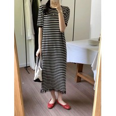 YANAN 여성용 여름 롱 원피스 스판 스트라이프 캐주얼 홈웨어 빅사이즈