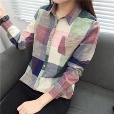 여성 린넨 체크 가을 셔츠 블라우스