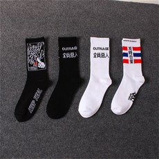 스케이트보드 양말 남성패션 무릎양말 유럽미국 스트릿 힙합 운동 농구양말 하라주쿠스타일 코디하기쉬운 글자 스노우보드양말 유행, C03-엄지손가락+올 블랙+모든 흰색+시기적절한