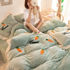 유니진컴퍼니 더블침대 두꺼운 밀크 융 4종 겨울 침대위 플란넬 심플 소녀 프린세스 무드 보온 침대시트 페어, 무 -그린