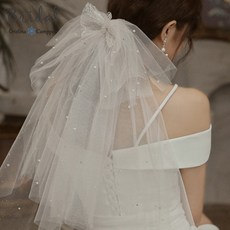 셀프웨딩소품 헤드드레스 리본 진주펄 중베일 60-80cm