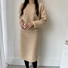 업쓰 여성 겨울 양털 니트 밴딩 스커트 셋트 투피스