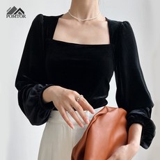 POMTOR 가을 겨울 여성 빈티지 벨벳 블랙 긴팔 스퀘어넥블 남방 여성 셔츠 하객룩