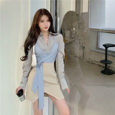 스타일리쉬 세가지 커버 가을 와이드 루즈핏 긴소매 셔츠 끈나시 슬립 가슴랩 언발스커트 여성