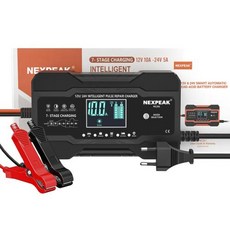 NEXPEAK-12V 24V 10A 완전 자동 자동차 배터리 충전기 7 단계 펄스 수리 LCD 디스플레이 스마트 배터리 충전기 습식 건식 납산, EU Package Black