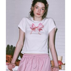 론론 RONRON DOUBLE RIBBON SLIM CROP T SHIRT WHITE PINK RR23BST1930WP 290202