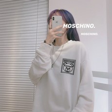 모스키노 아기곰 자수 커플 순면 라운드 쾌적하다 맨투맨 화이트