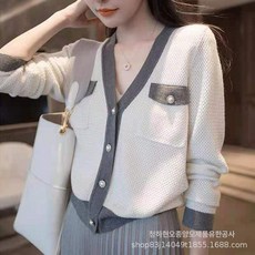 샤오샹 기질 샤이니 니트 카디건 여 춘추 브이넥 긴팔 스웨터에 짧은 울 코트