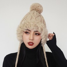 유니진컴퍼니 아크릴비니 여성 겨울 가을 비니모자 두터운 융털 리얼 토끼털 방울 귀목 니트모자 귀달이모자