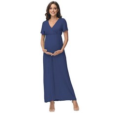 JustVH Maternity Elegant Fitted Maternity Gown Long Sleeve Cross-Front V Neck Slim Fit Maxi Photogra, 블루 반소매