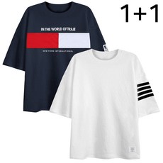 엠제이스타 1+1 세트 5부 오버핏 인더월드 포라인 반팔티 남성 남자 반팔 티셔츠 남녀공용 남성용 여름 면티 레터링 백프린트 나염