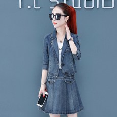 세트 데님 여성 가을 키 작은 사람 숏 미니 셋업 플리츠스커트 커버