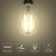 A19 필라멘트 LED 전구 120V 60W E26 클리어 미디엄 베이스 빈티지 6W 2700K 웜 화이트 4000K 뉴트럴 6 개, 2) Neutral White