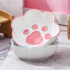 반려동물 마시는 그릇 고양이 발 모양 대나무 스탠드 세라믹 음식, 3.pink only bowl, 1개