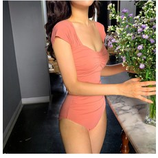 2021 심플 원숄더 오프숄더 반팔 퍼프 호텔 호캉스 수영복 모노키니 모노비키, 핑크