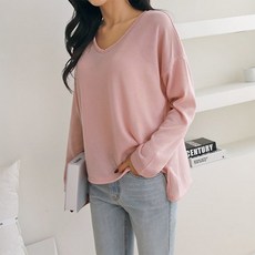 여성 봄 시스루 언발란스 핑크 브이넥 니트티셔츠