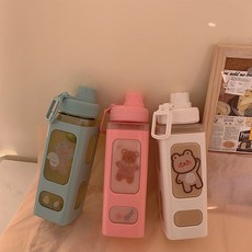 크리에이티브 플라스틱 컵 물병 Ins 비주얼 여자 물컵 눈금빨대 곰돌이 텀블러, 900ML, 900ML, 1개
