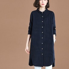 POMTOR 가을 빅사이즈 여성 스트라이프 면 셔츠 여 미디 루즈핏 긴팔 곁옷