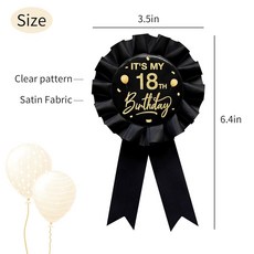 YHEZXUN It's My 18th Birthday 양철판 배지 핀 블랙 새틴 패브릭 18세 생일 테마 버튼 핀 파티 장식 어워드 리본 배지 핀 플라스틱 보석 없음