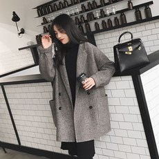 여성 헤링본 더블블레스트 하프 자켓 모직 코트