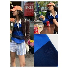럭비티 스트라이프 카라티 긴팔 티셔츠 라펠 캐주얼룩 오버핏 편안한 짠한형 여성 긴소매