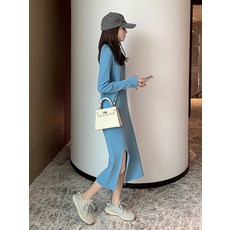 폴로 풀오버 니트 원피스 여 추동 미디 슬림 옆트임 스커트 슬림니트원피스