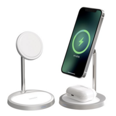초텍 MFM 인증 2in1 맥세이프 고속 무선충전기 거치대 T575-FM(실버), 1개
