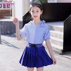 스커트 스커트 스커트 하복 반팔 스 트 라 이 프 셔츠 여아 치마 여름 반바지 치마 파란색 상의 + 치마 120 사이즈 키 110 - 120 cm