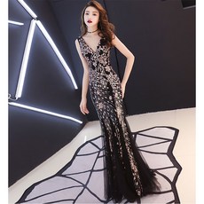 Ineymall CHENGWU 블랙 민소매 플라워 스팽글 머메이드 롱드레스 특별한날 기념일 연주회 시상식 이브닝 파티드레스