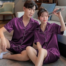 커플 잠옷 여성 여름 얼음 실크 반팔 얇은 남성 홈웨어 투피스 정장 실크 플러스 사이즈 반바지 여름