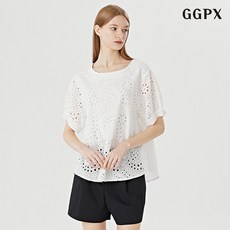 GGPX 플라워 펀칭 페미닌 라운드 반팔 블라우스 GOABA022D
