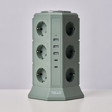 텔로 (에디션) 타워 멀티탭 17구(USB-3 CTYPE-2) KC인증 접지 안전 고급 멀티탭 선정리 가능한 인테리어 귀여운 디자인 예쁜색상, 2m, 딥카키, 1개