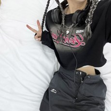 Deeptown Y2K 여성용 빈티지 레터 프린트 후드 힙합 오버사이즈 스웻셔츠 루즈 캐주얼 긴팔 크롭 탑 하이 스트리트