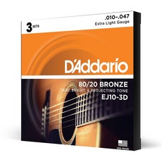 D'Addario 다다리오 어쿠스틱 기타 현 8020 청동 Extra Light .010-.047 EJ10-3D 3set들이 팩 [], 상세페이지 참조