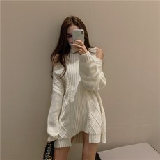 미라클 여성 폴라넥 어깨트임 니트 스웨터 섹시 원피스