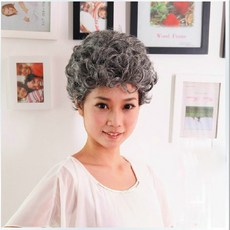남자가발 무대 연기 중년 희끗한흰머리 가발 소품 남녀 할머니 짧은곱슬머리 실버화이트 헤어 세트, 1개, T01-플라워화이트