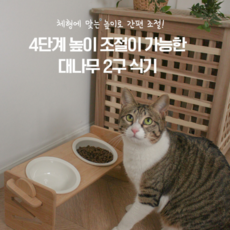 햅삐모먼트 고양이 높이조절 대나무 도자기 밥그릇 2구, 1세트, 대나무 도자기 2구 식기