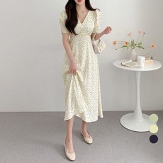 라라벨 여성용 원피스 브이넥 플라워 잔꽃 퍼프 소매 로맨틱 데일리 반팔 롱 원피스